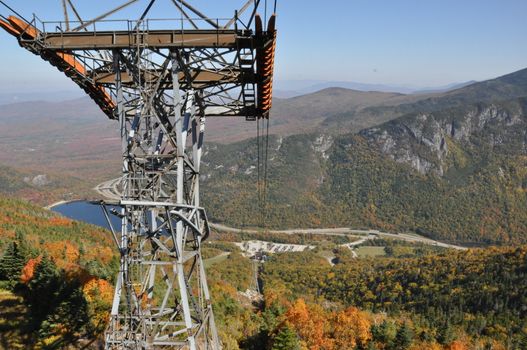 Fall Colors view from Cannon Mountain Aerial Tramway at the White Mountain National Forest in New Hampshire