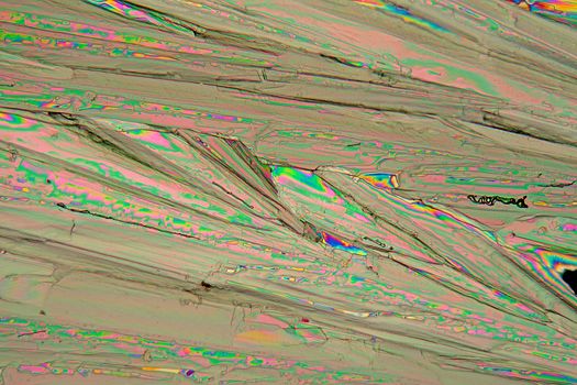 Lanthanum nitrate crystals under a microscope with a magnification of 100x and in polarized light.