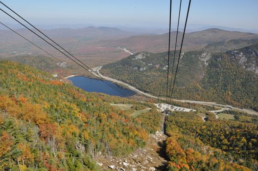 Fall Colors view from Cannon Mountain Aerial Tramway at the White Mountain National Forest in New Hampshire