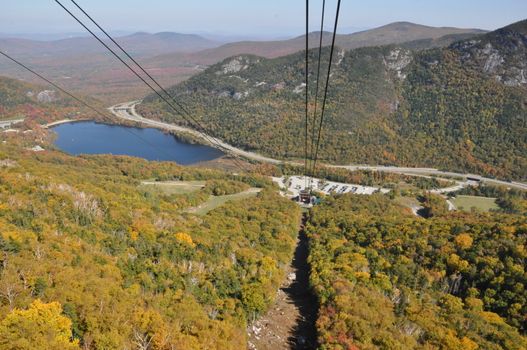 Fall Colors view from Cannon Mountain Aerial Tramway at the White Mountain National Forest in New Hampshire