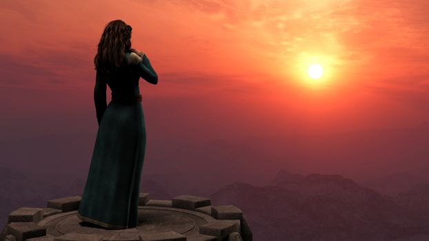 Woman standing on a tower in mountains at sunset