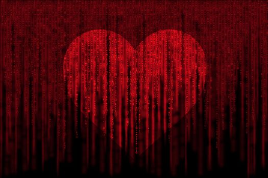red matrix background, with motion blur, isolated on black background, with love heart symbol