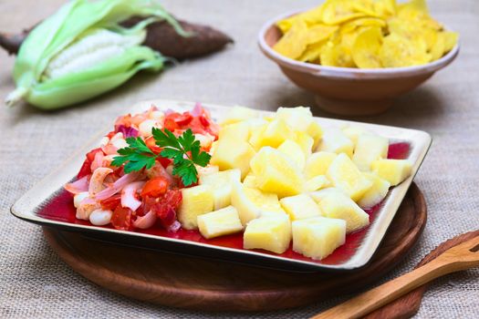 Cooked cassava or manioc with a cooked vegetable mix of onion, Peruvian or Cuzco corn and tomato photographed with natural light (Selective Focus, Focus on the parsley leaf)