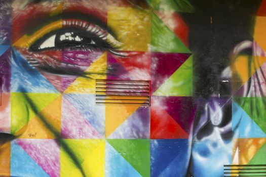 SAO PAULO, BRAZIL – FEBRUARY 01, 2015: A big and color mural on the wall from Brazilian graffiti artist Kobra at Ibirapuera Park in Sao Paulo Brazil.