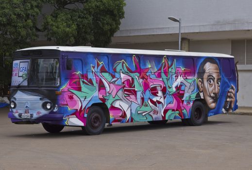 SAO PAULO, BRAZIL - FEBRUARY 01, 2015: A bus painted with grafiti art design exposed in the Ibirapuera Park at Sao Paulo Brazil.