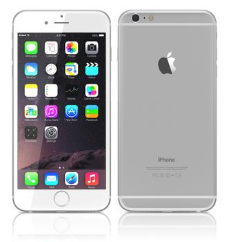 Galati, Romania - September 18, 2014: Apple Silver iPhone 6 Plus showing the home screen with iOS 8 and view back of iPhone.The new iPhone with higher-resolution 4.7 and 5.5-inch screens, improved cameras, new sensors, a dedicated NFC chip for mobile payments. Apple released the iPhone 6 and iPhone 6 Plus on September 9, 2014.