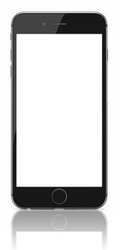 Galati, Romania - September 18, 2014: Apple Space Gray iPhone 6 Plus with blank screen.The new iPhone with higher-resolution 4.7 and 5.5-inch screens, improved cameras, new sensors, a dedicated NFC chip for mobile payments. Apple released the iPhone 6 and iPhone 6 Plus on September 9, 2014.