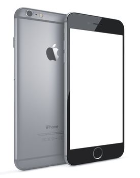 Galati, Romania - September 18, 2014: Apple Space Gray iPhone 6 Plus with blank screen.The new iPhone with higher-resolution 4.7 and 5.5-inch screens, improved cameras, new sensors, a dedicated NFC chip for mobile payments. Apple released the iPhone 6 and iPhone 6 Plus on September 9, 2014.