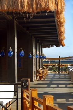 wooden empty terrace of mexican restaurant in Egypt