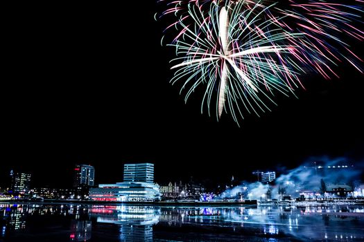Downtown Umea, Sweden with Fireworks