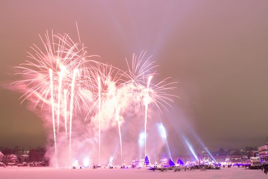 Pink Fireworks on Frozen River