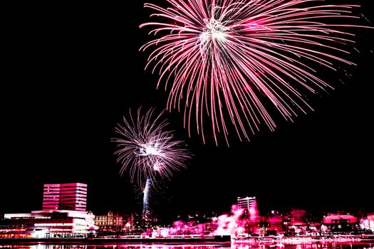Pink Fireworks over Downtown Umeå, Sweden