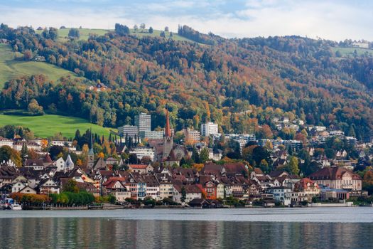 Photo of the city of Zug in Switzerland. Taken from across the lake of Zug during October.