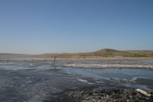 Therapeutic salt lake with mud. Chokrakskoe lake in Crimea