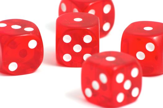 Five red casino dices on the white background