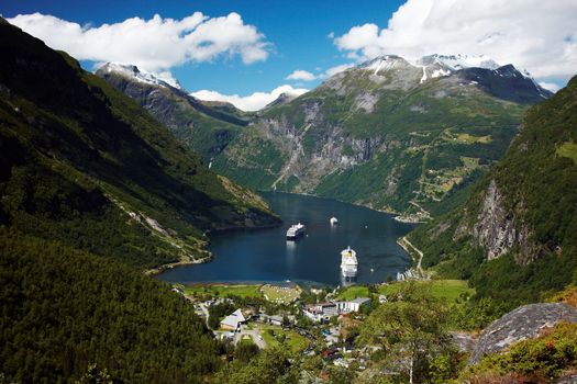 Geiranger village view from the Flydalsjuvet in Norway