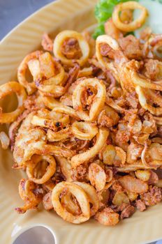 top view fried squids and garlic served with vegetable on  dish