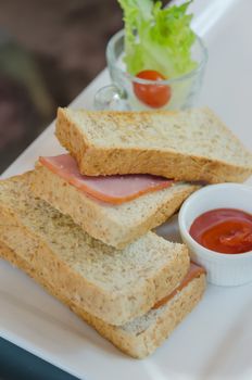 close up toasted sandwich with ham and cheese on dish