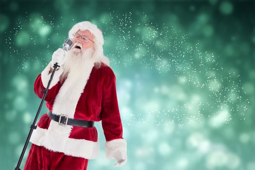 Santa sings like a Superstar against blue abstract light spot design