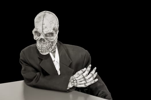 creepy skeleton in a dusty suit on a black background
