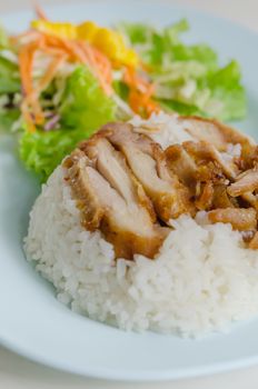 close up fried chicken over steamed rice on plate , served with salad