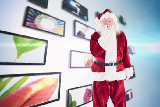 Santa asking for quiet to camera against screen collage showing lifestyle images