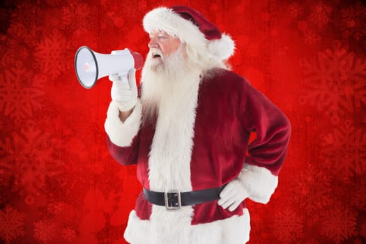 Santa Claus is using a megaphone against red paint splatter background