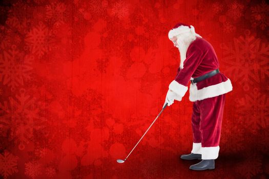 Santa Claus is playing golf  against red paint splatter background