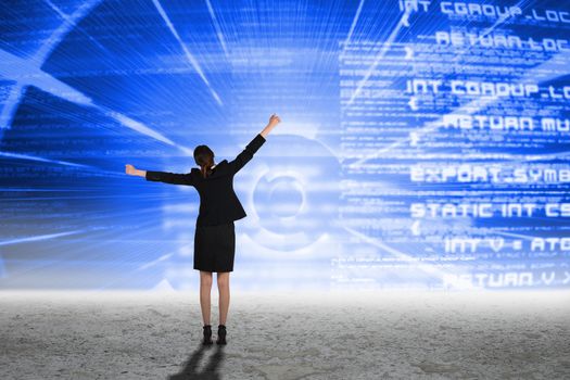 Excited businesswoman cheering against blue technology interface