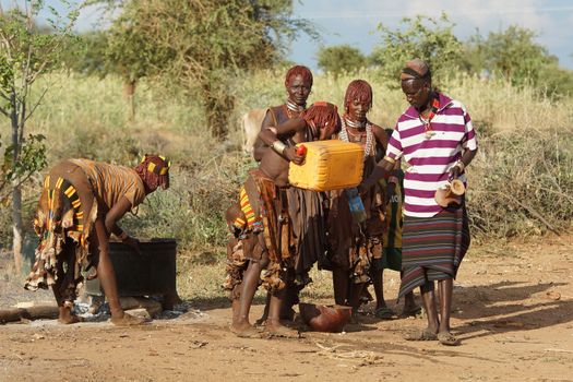 TURMI, ETHIOPIA - NOVEMBER 18, 2014: Hamer women preparing meal on November 18, 2014 in Turmi, Ethiopia.