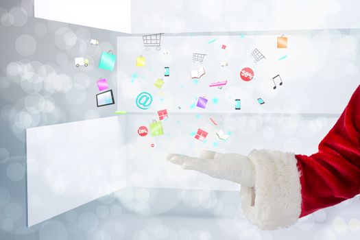 Santa claus presenting with hand against lights over abstract screen