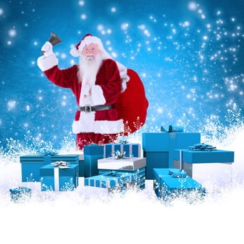 Santa claus ringing bell against blue background with vignette