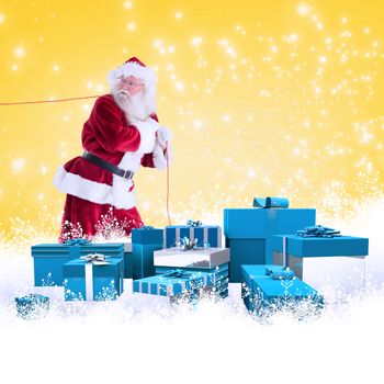 Santa pulls something with a rope against yellow vignette