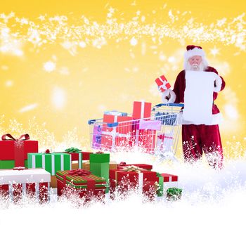 Santa spread presents with shopping cart against yellow vignette