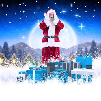 Santa is shocked to camera against quaint town with bright moon