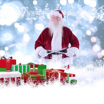 Santa Claus measures his belly against white glowing dots on blue