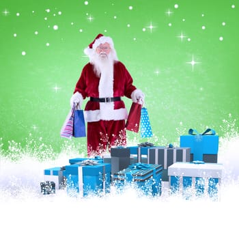 Santa carries some Christmas bags against green vignette