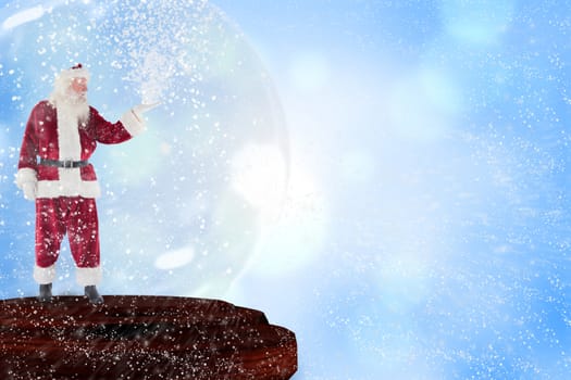 Santa presenting in a snow globe against blue abstract light spot design