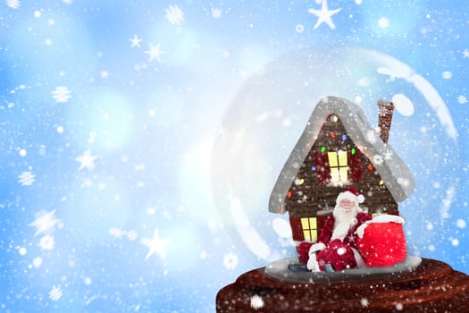 Santa sitting in snow globe against blue abstract light spot design