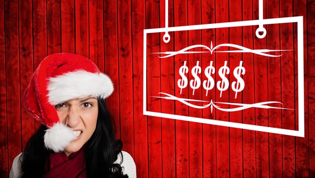 Irritated woman looking at camera against red wooden planks background