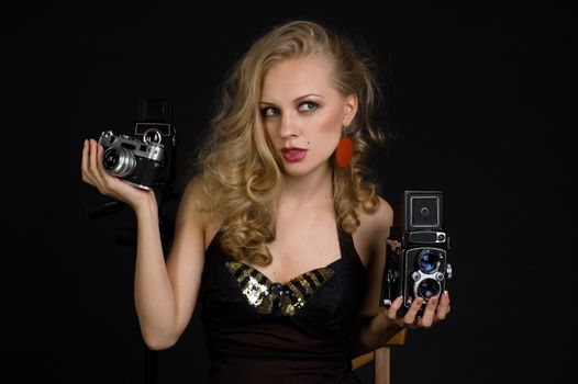 Pin up style girl сhoice a camera isolated