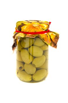 homemade glass jar  preserved olives  isolated on a white background 