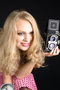 Pin up style girl сhoice a camera isolated