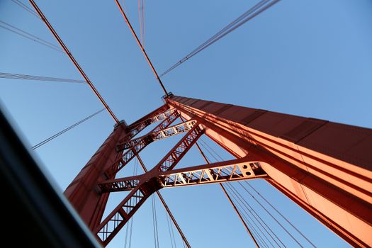 The "25 de Abril" bridge in Lisbon (Portugal) a copy of the  Golden Gate bridge.