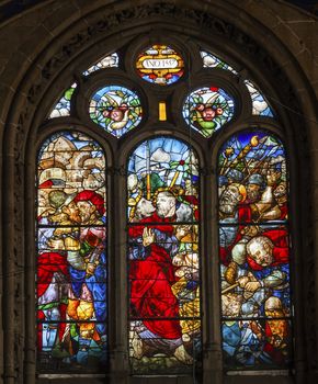 King Ferdinand 1559 Stained Glass Salamanca New Cathedral Castile Spain. The New and Old Cathedrals in Salamanca are right next to each other.  New Cathedral was built from 1513 to 1733 and commissioned by Ferdinand V of Castile, Spain.