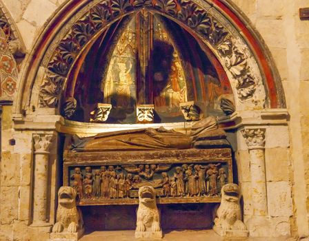 Ancient Tomb Mosaic Old Salamanca Cathedral Castile Spain. Old Salamanca Cathedral next to the new Salamanca Cathedral is known as Catedral Vieja de Santa Maria.  Founded by Bishop Jerome of Perigold in the 1100s.  It was finished in the 1300s and dedicated to Saint Mary of the See 