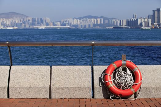 Lifebuoy on the waterfront in Hong Kong