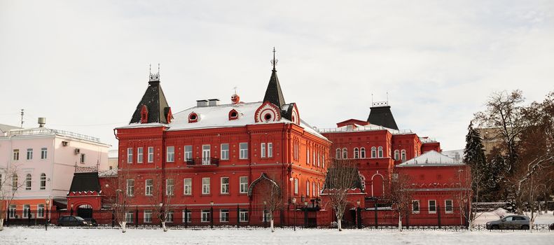 Red brick Russian revival style state bank in Orel, Russia, panorama horizontal