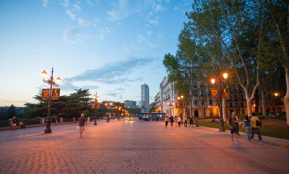 Madrid, Spain - May 6, 2012: Madrid Tower (Torre) building view from Calle Bailen on a spring nigh in Madrid, Spain.