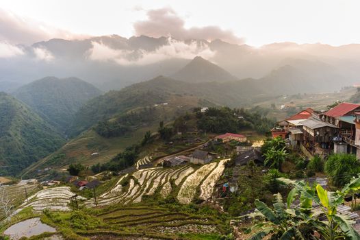 Sunset at terraced of  Cat Cat Village, Sapa Vietnam.